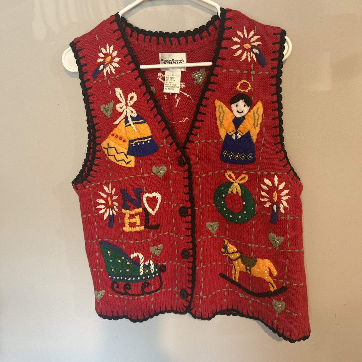 Christmas Sweater Vest Women - M Vintage Noel Red Embroidered Beaded Santa Elf