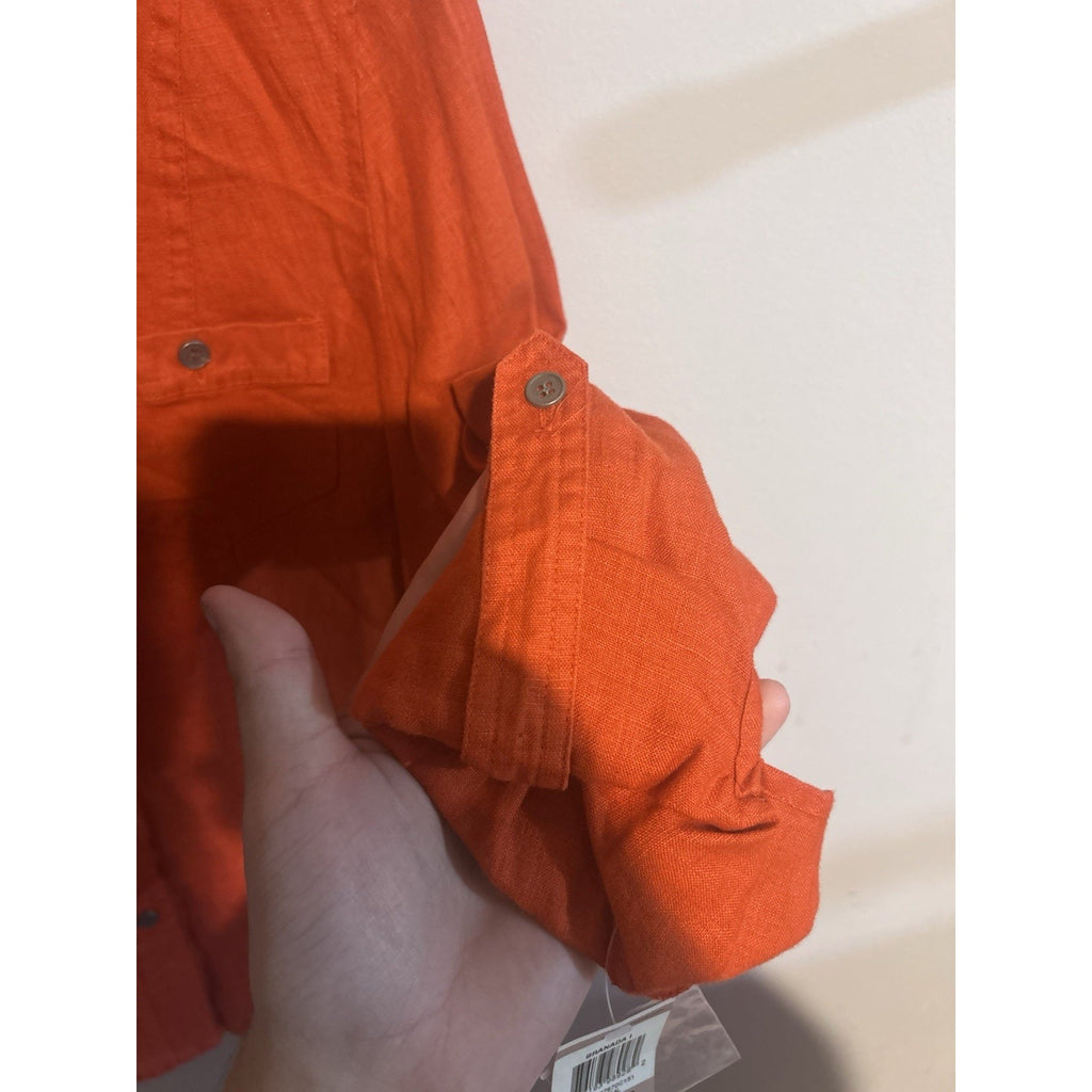 Style & Co Women’s Petites 12P Orange Linen Collared LS Button-Up Shirt Pockets