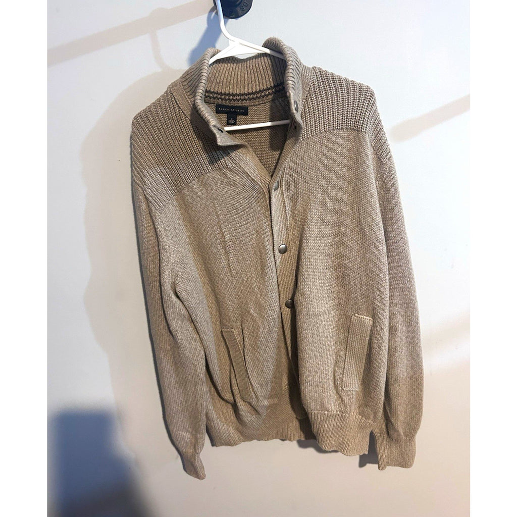Banana Republic Men's Beige Cotton Cable-Knit Mock Neck Cardigan Pockets L