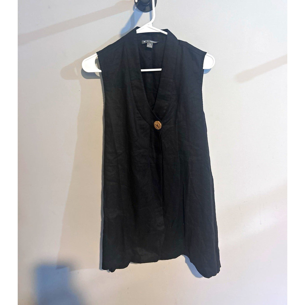 GO SILK Womens Petite PM Black 100% Linen Sleeveless Button Front Vest