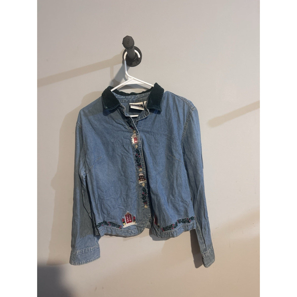 Bill Blass Blue Cotton LS Christmas Button Front Trucker Womens Jacket Size L