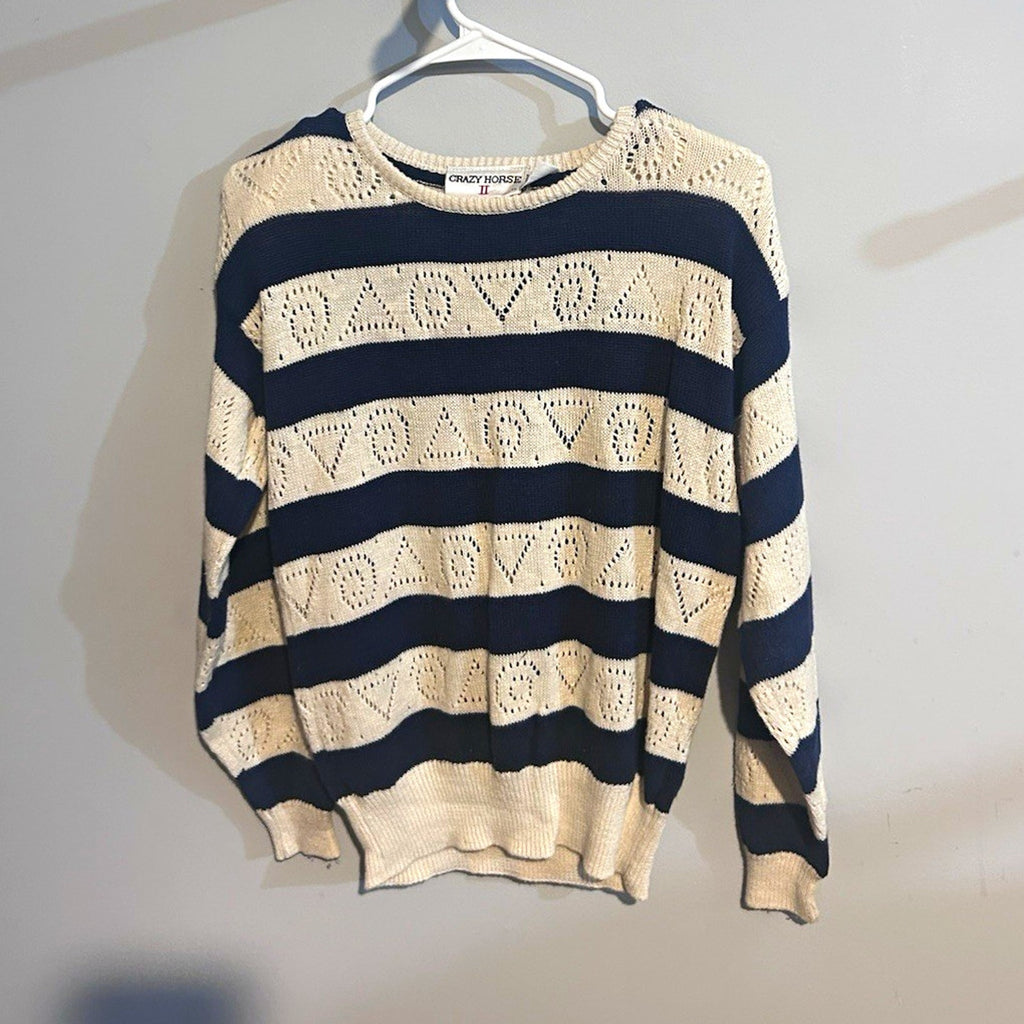 Crazy Horse Women’s Navy/Beige Striped Open-Knit Crew Neck Pullover Sweater L