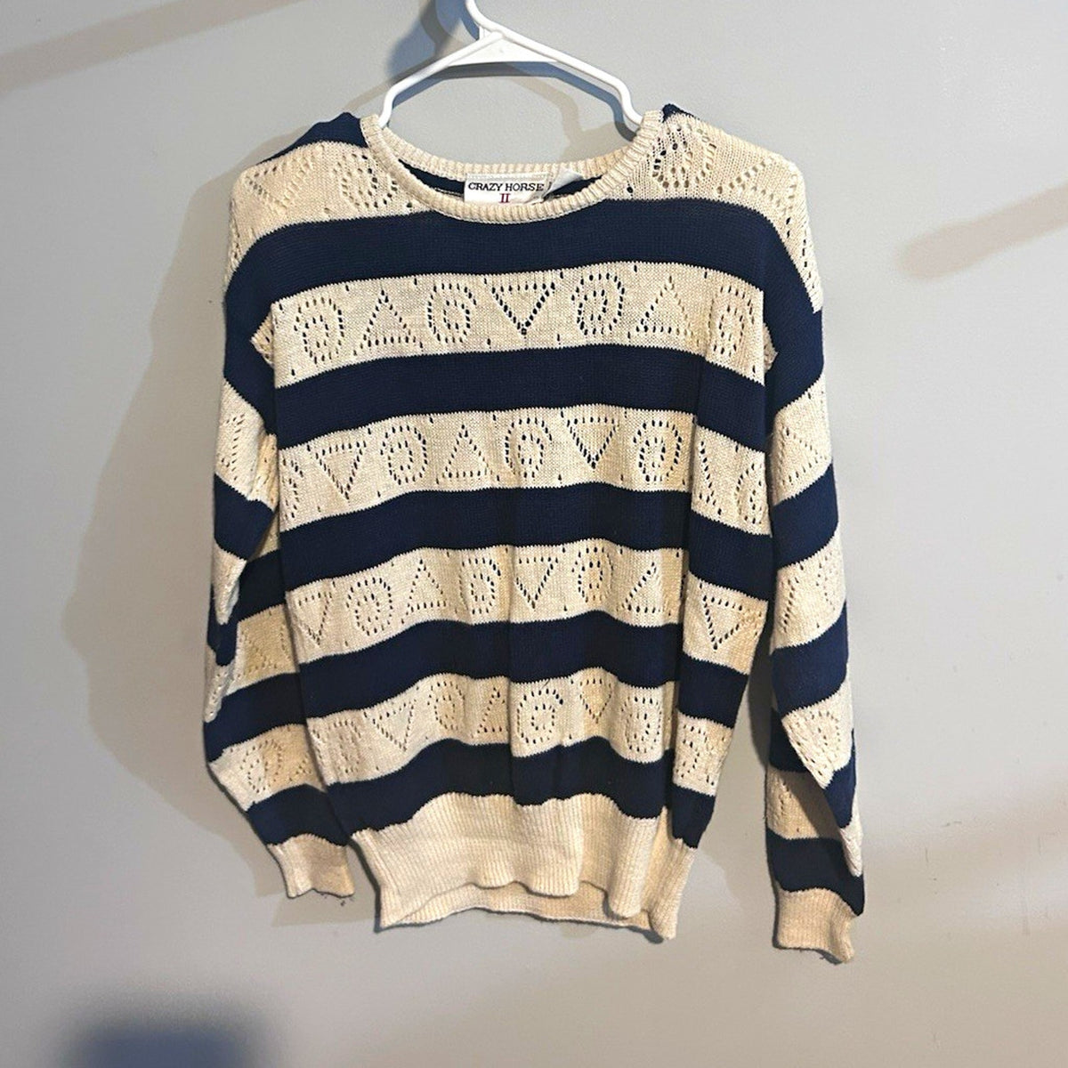 Crazy Horse Women’s Navy/Beige Striped Open-Knit Crew Neck Pullover Sweater L