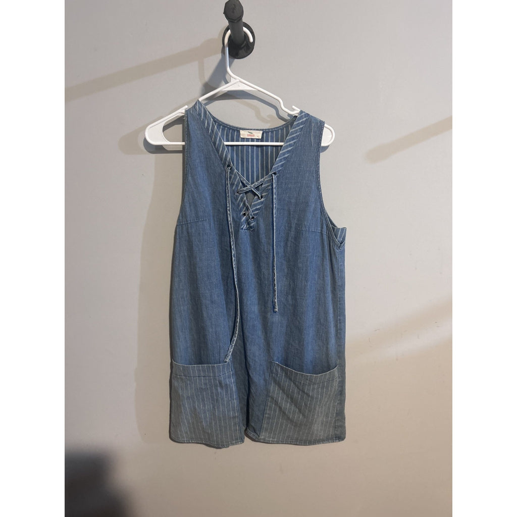 Humming Bread Denim Dress with Large Pockets and Crisscross Neckline Size Medium