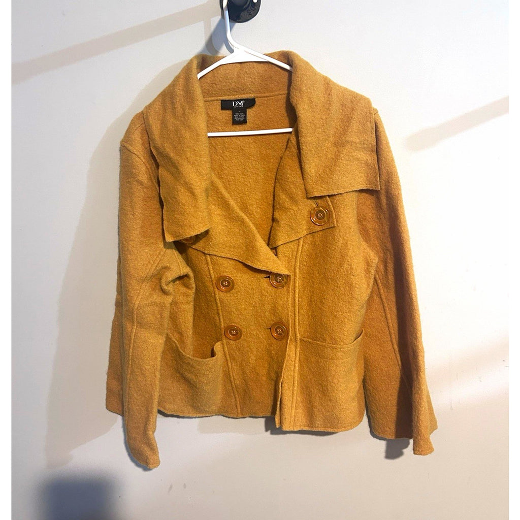 DM New York Womens Tan Wool Felted Pea Coat Jacket Button Front Pockets Size L