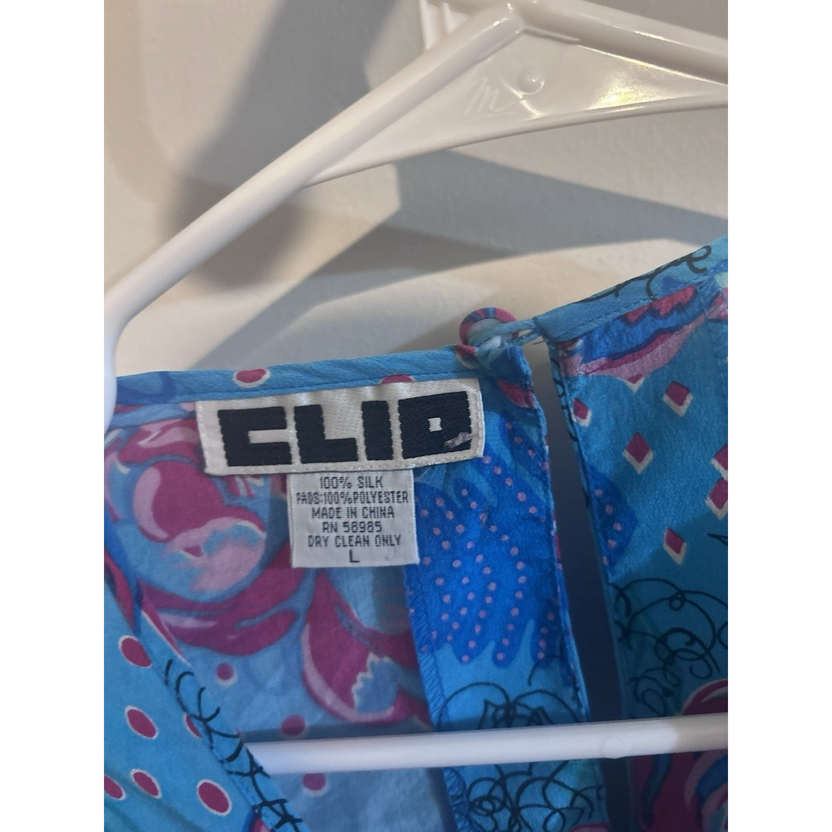 CLIO Women’s Blue Pink Floral Chiffon Blouse SS Round Neck Button Top Sz L