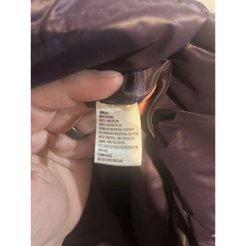 Coldwater Creek Womens 10-12 Purple Down Puffer Coat Hood Faux Fur Long Zip