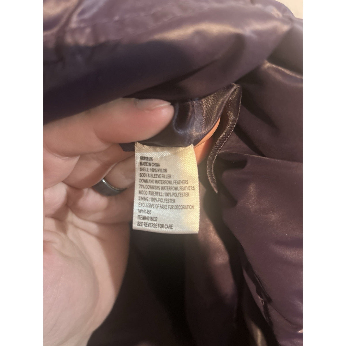 Coldwater Creek Womens 10-12 Purple Down Puffer Coat Hood Faux Fur Long Zip