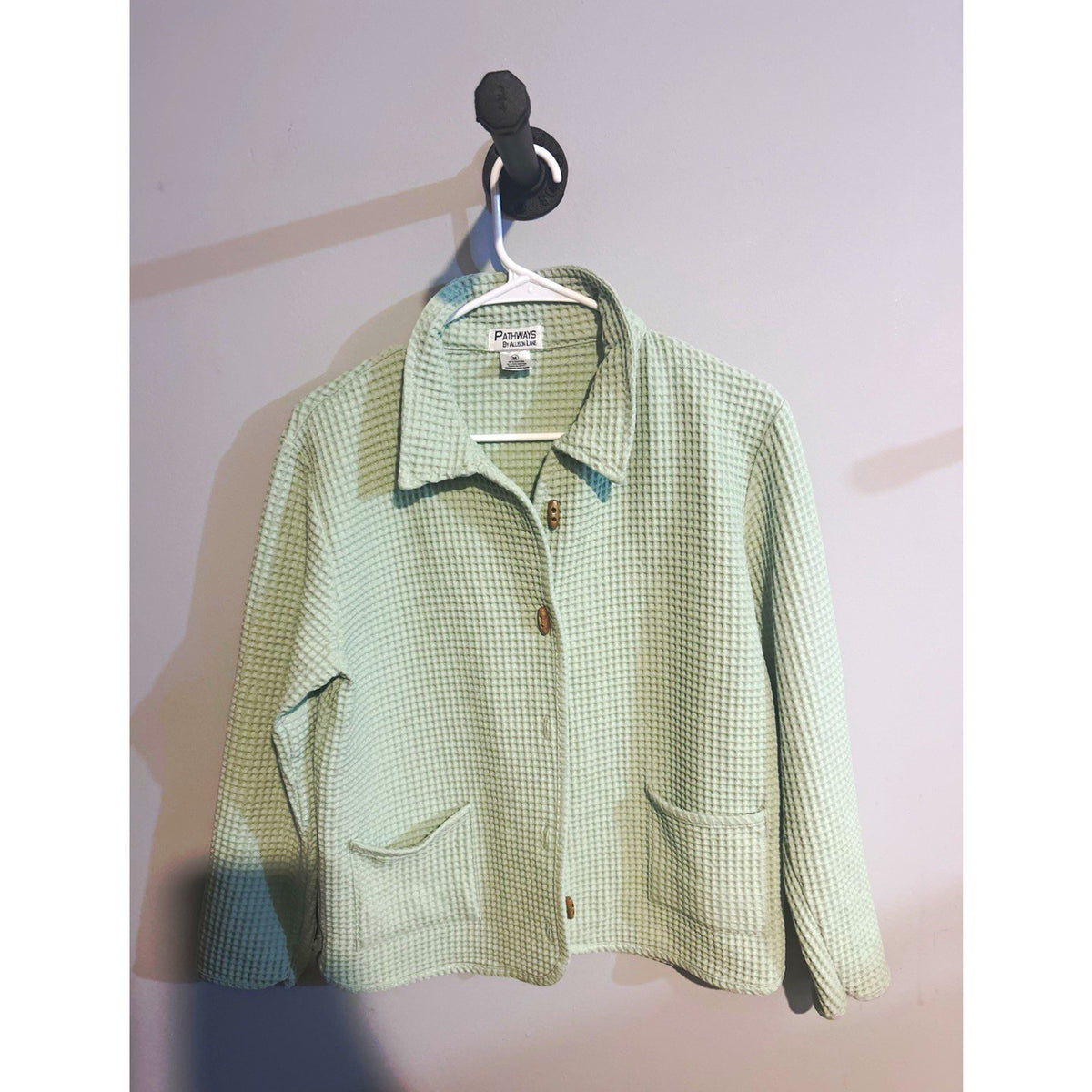 Pathways by Allison Lane Womens Green Waffle Knit Button Front Jacket Pockets M