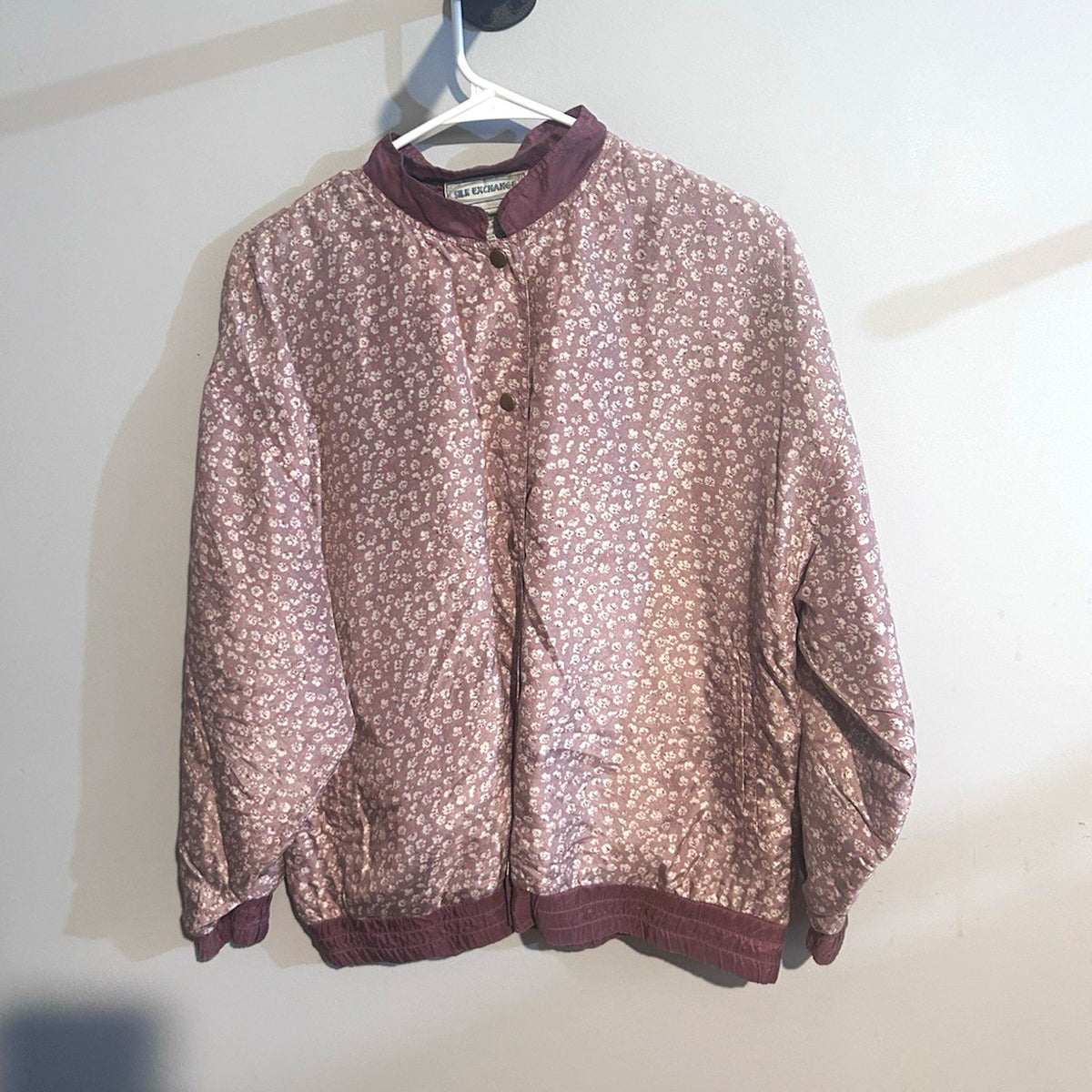 Silk Exchange Womens Purple Floral Silk Bomber Jacket Snap Front Size S