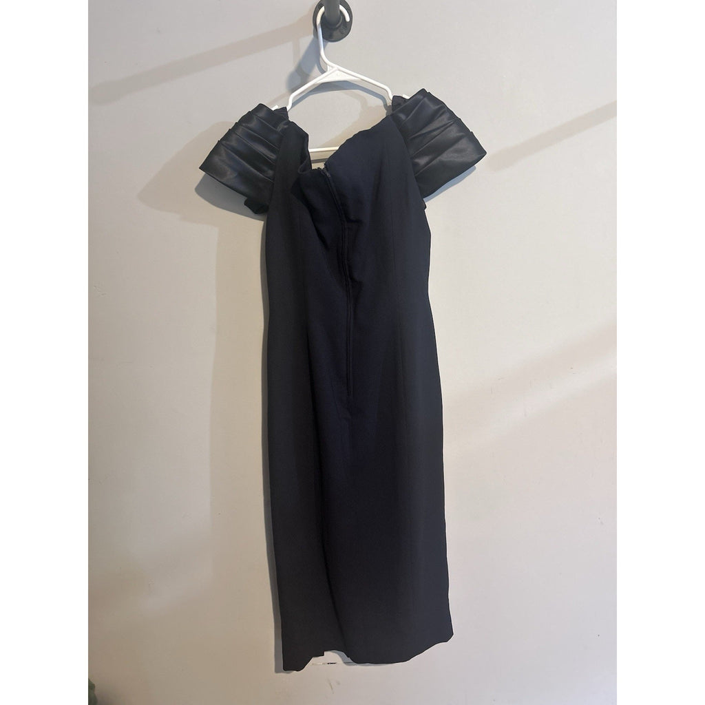 Women Black Off Shoulder Satin Sheath Midi Dress 8 Bow Beaded Button Zip Lined