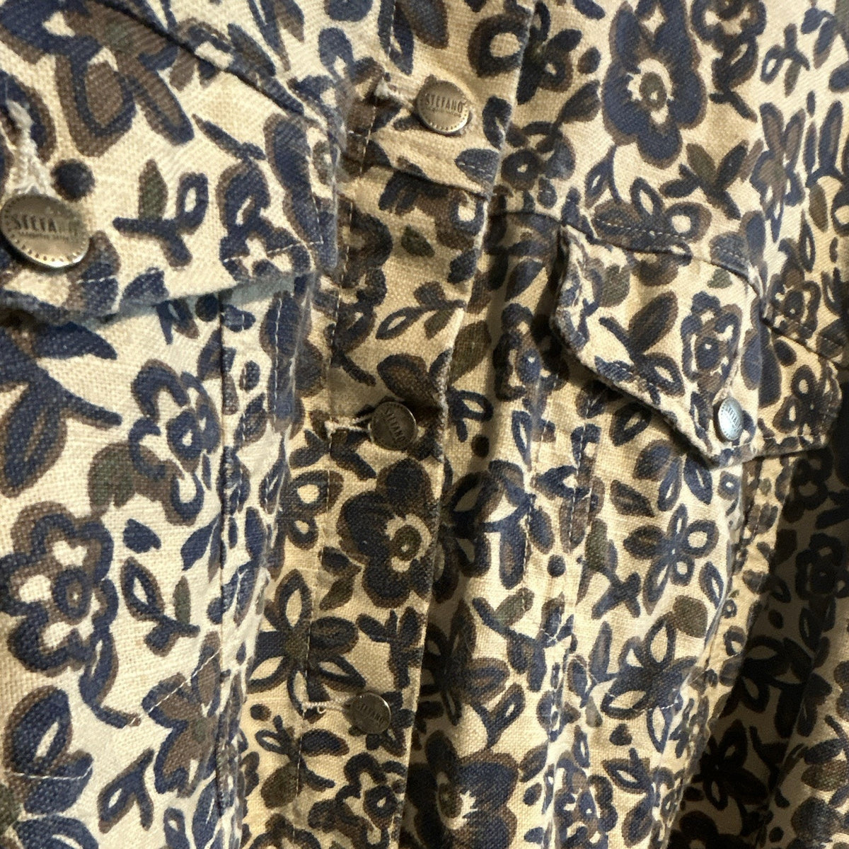 Stefano International Beige/Blue Floral Ramie/Cotton Button-Up Shirt 2XL VTG