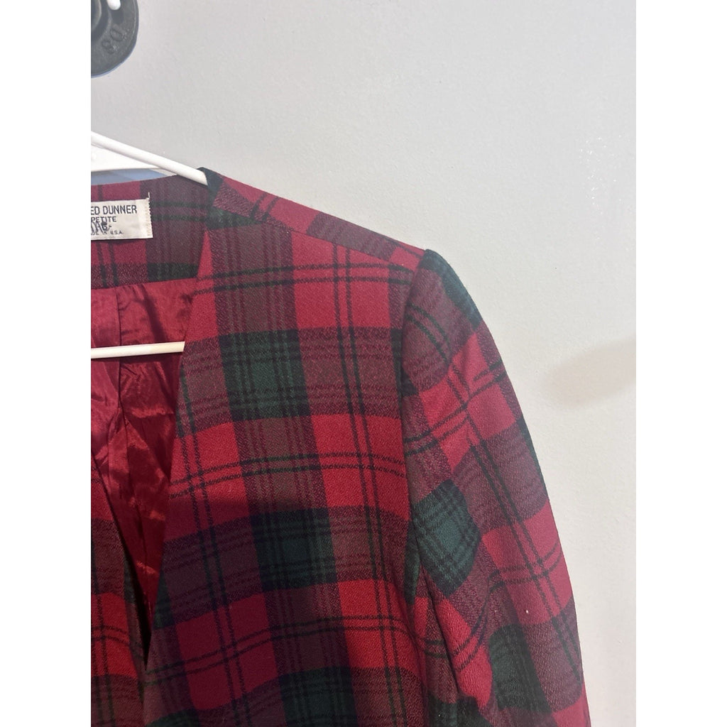 Alfred Dunner Womens Petite 6P Red Green Plaid Tweed Lined Blazer Jacket