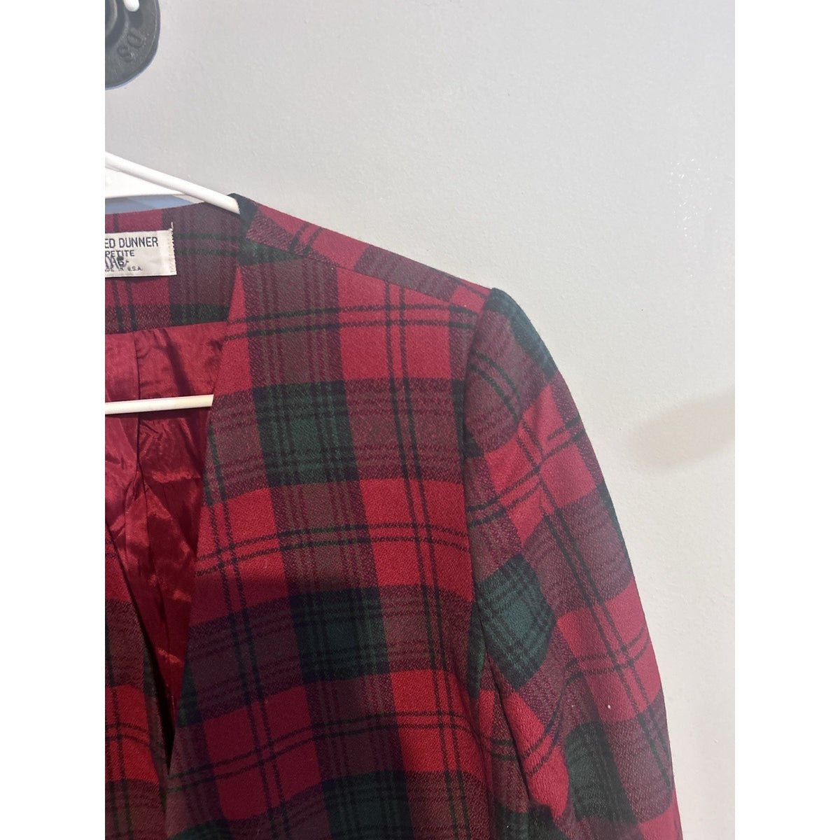 Alfred Dunner Womens Petite 6P Red Green Plaid Tweed Lined Blazer Jacket