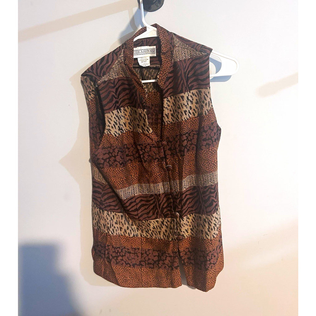 Jessica Howard Sleeveless Chiffon Collared Button Front Leopard Blouse Sz 14
