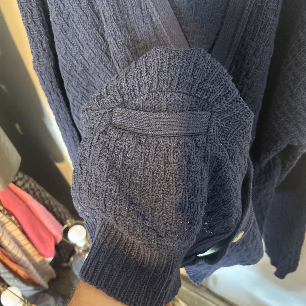 Vintage Trader Bay Cardigan Sweater Unisex Navy Geometric Knit V-Neck Button USA