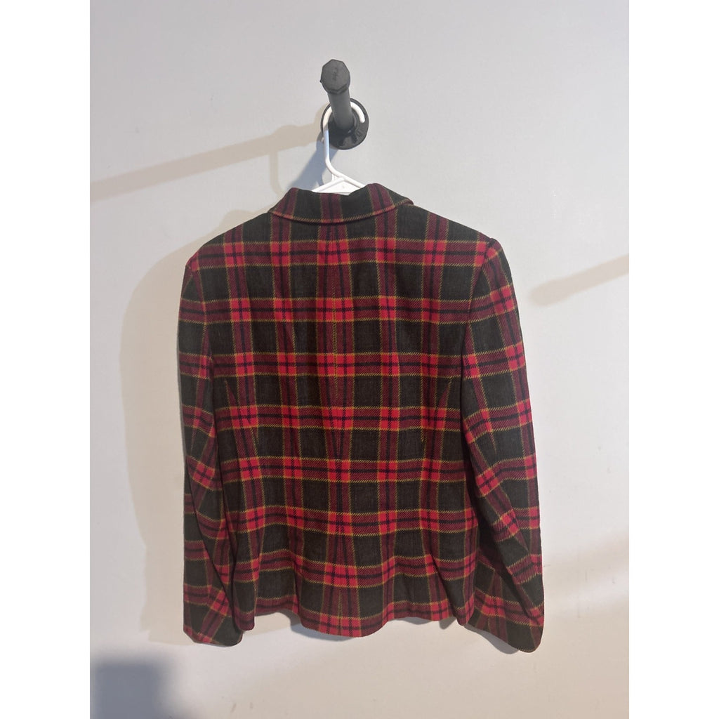 Chaus Red and Gold Plaid Zip Up Blazer 100% Wool Shell Women's size 10