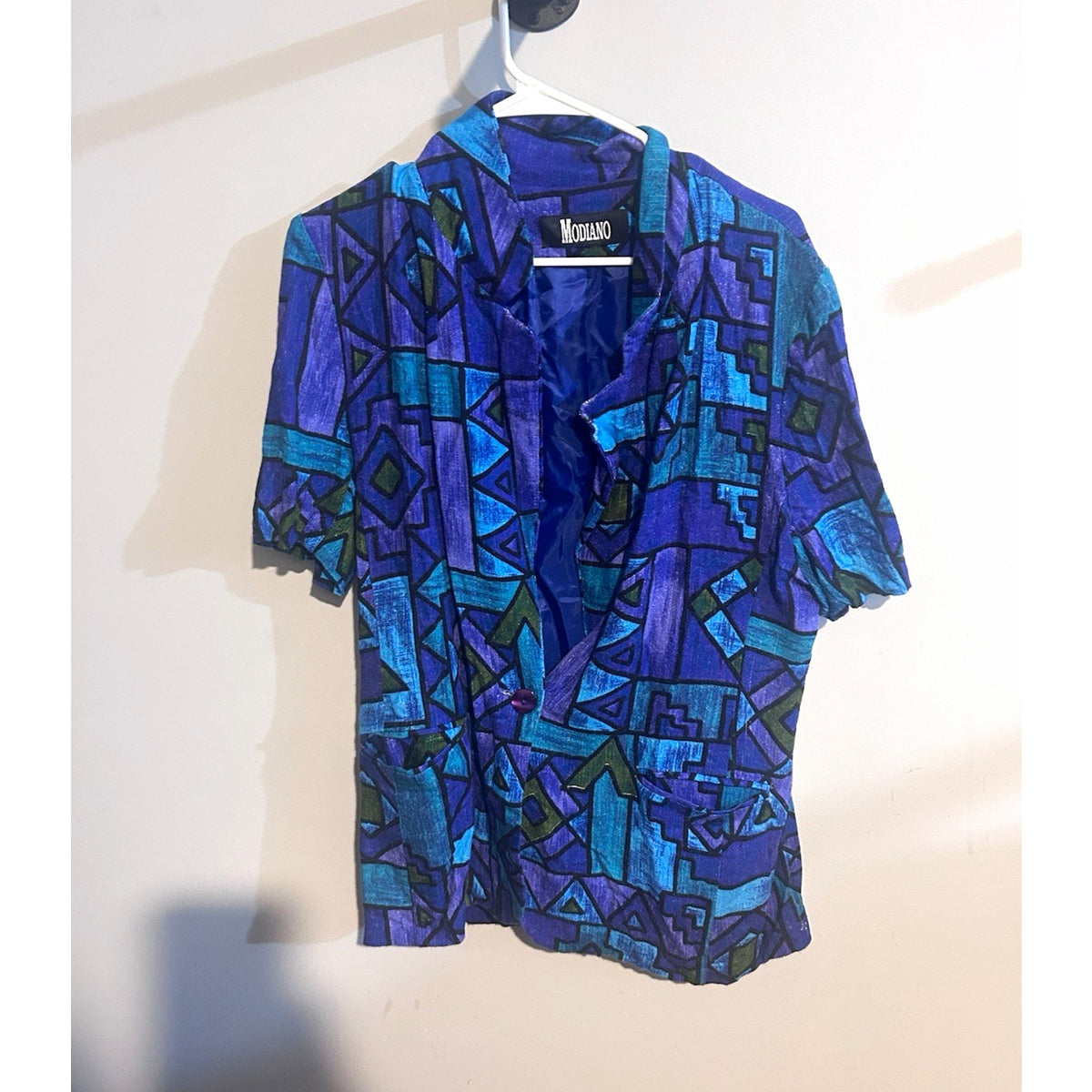 Modiano Women’s Geometric V-Neck Short Sleeve Button-Front Blouse Sz 14 Purple