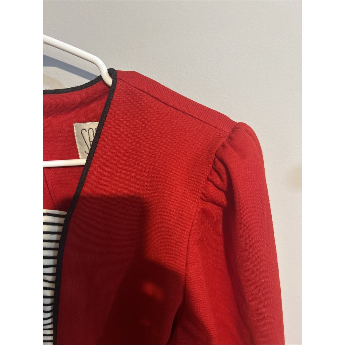 Vintage 80s Sabino Petites Red Cropped Blazer Top Striped Inset Shoulder Pads