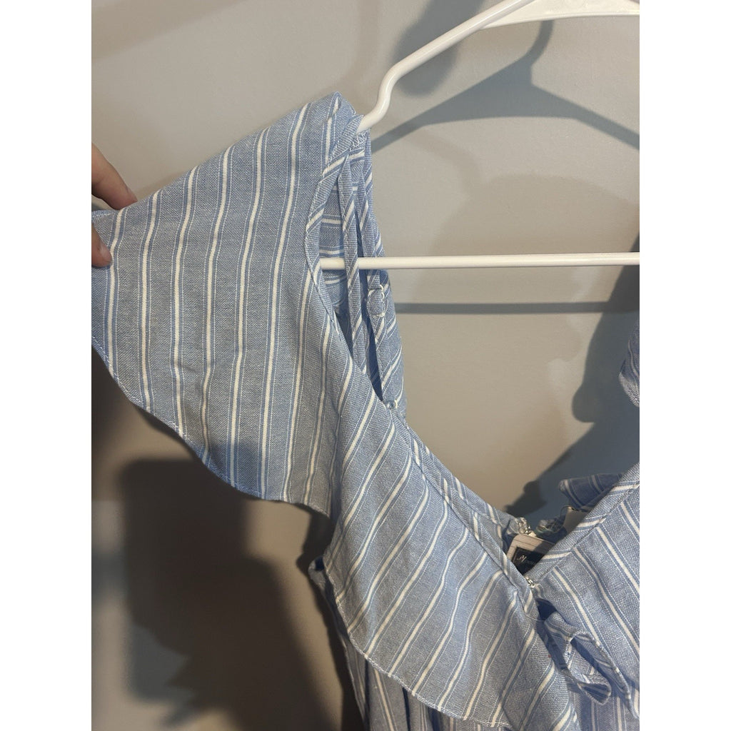 UMGEE Blue/White Striped Ruffle Off-Shoulder Sleeveless Zip Jumpsuit M