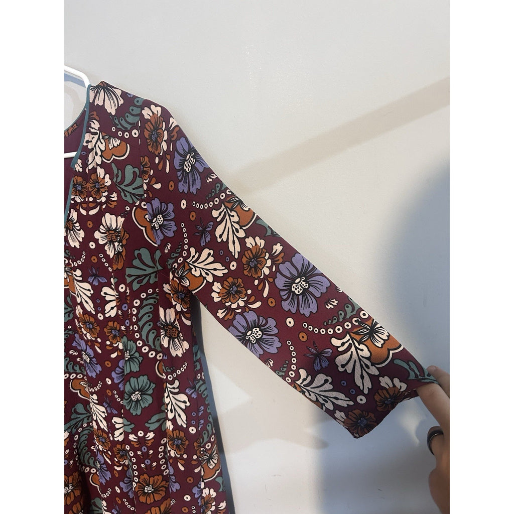 Entro Women Burgundy Floral Shift Dress M 3/4 Sleeve V-Neck Knee Lined