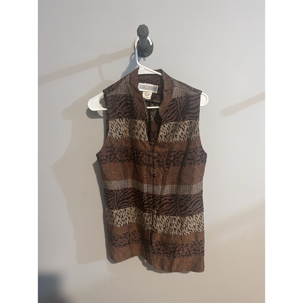 Jessica Howard Sleeveless Chiffon Collared Button Front Leopard Blouse Sz 14