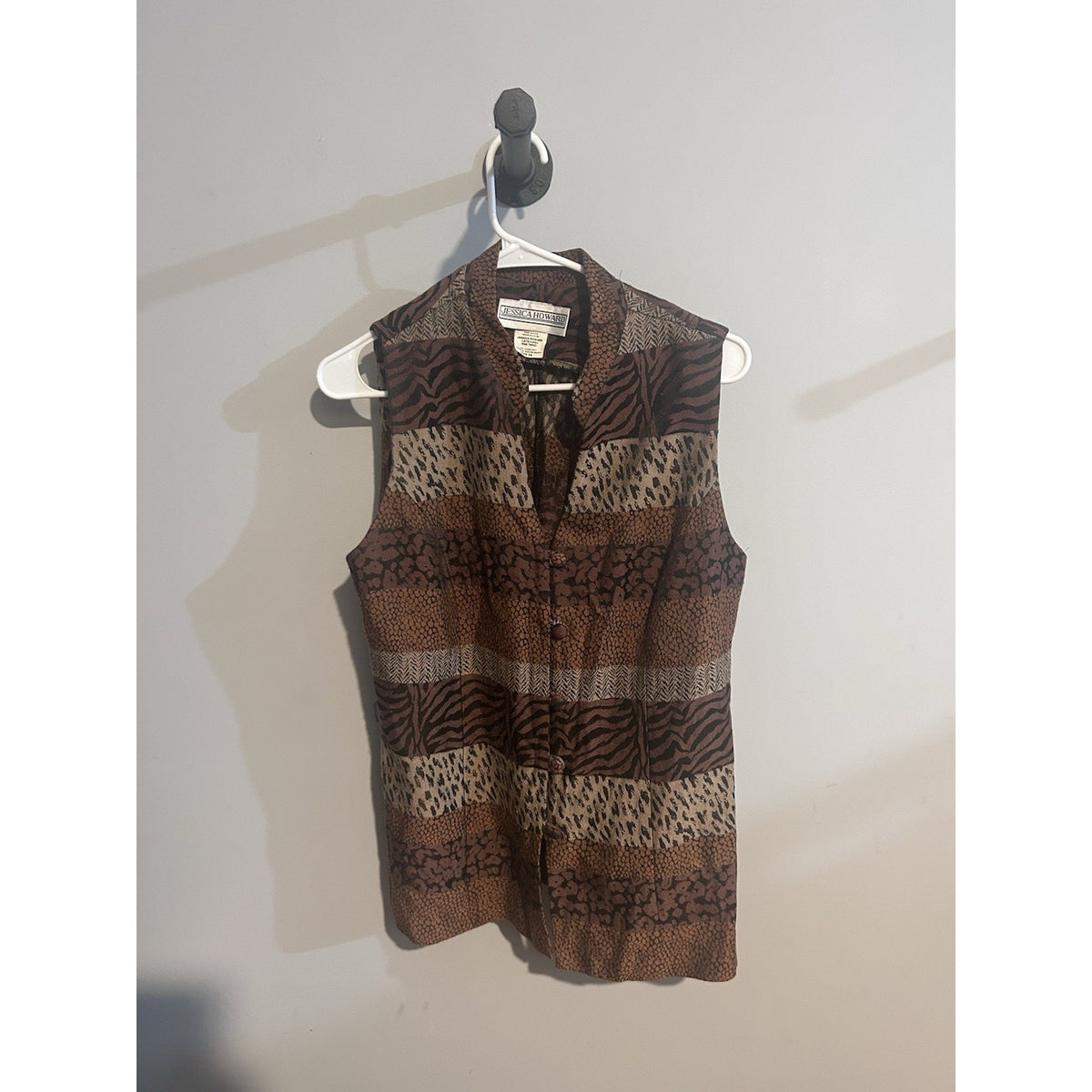 Jessica Howard Sleeveless Chiffon Collared Button Front Leopard Blouse Sz 14