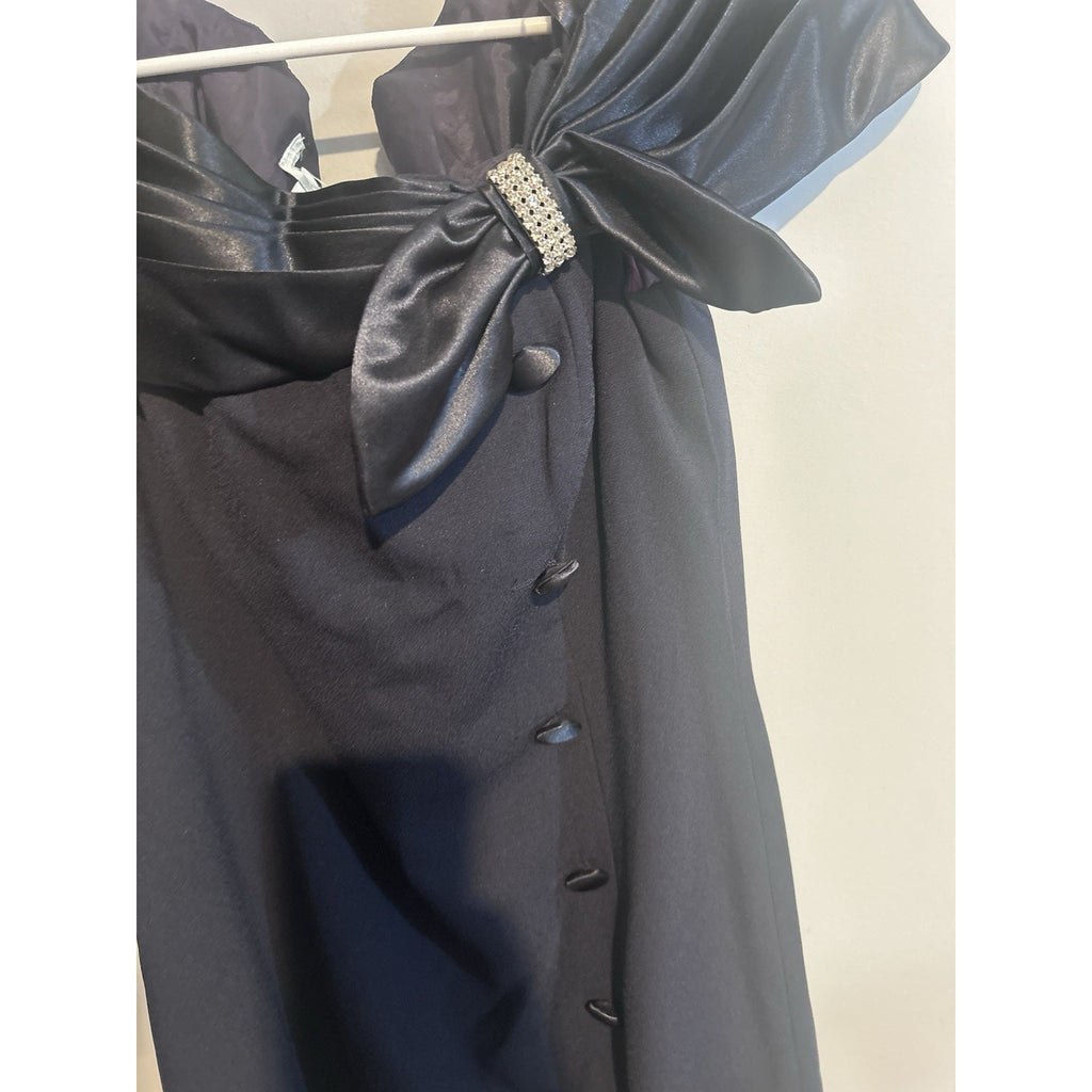 Women Black Off Shoulder Satin Sheath Midi Dress 8 Bow Beaded Button Zip Lined