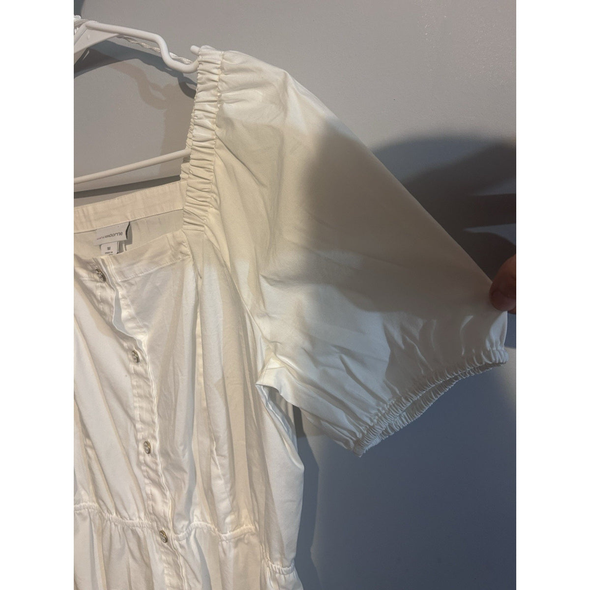 Liz Claiborne Womens White Solid Square Neck Button Front Puff SS Blouse M