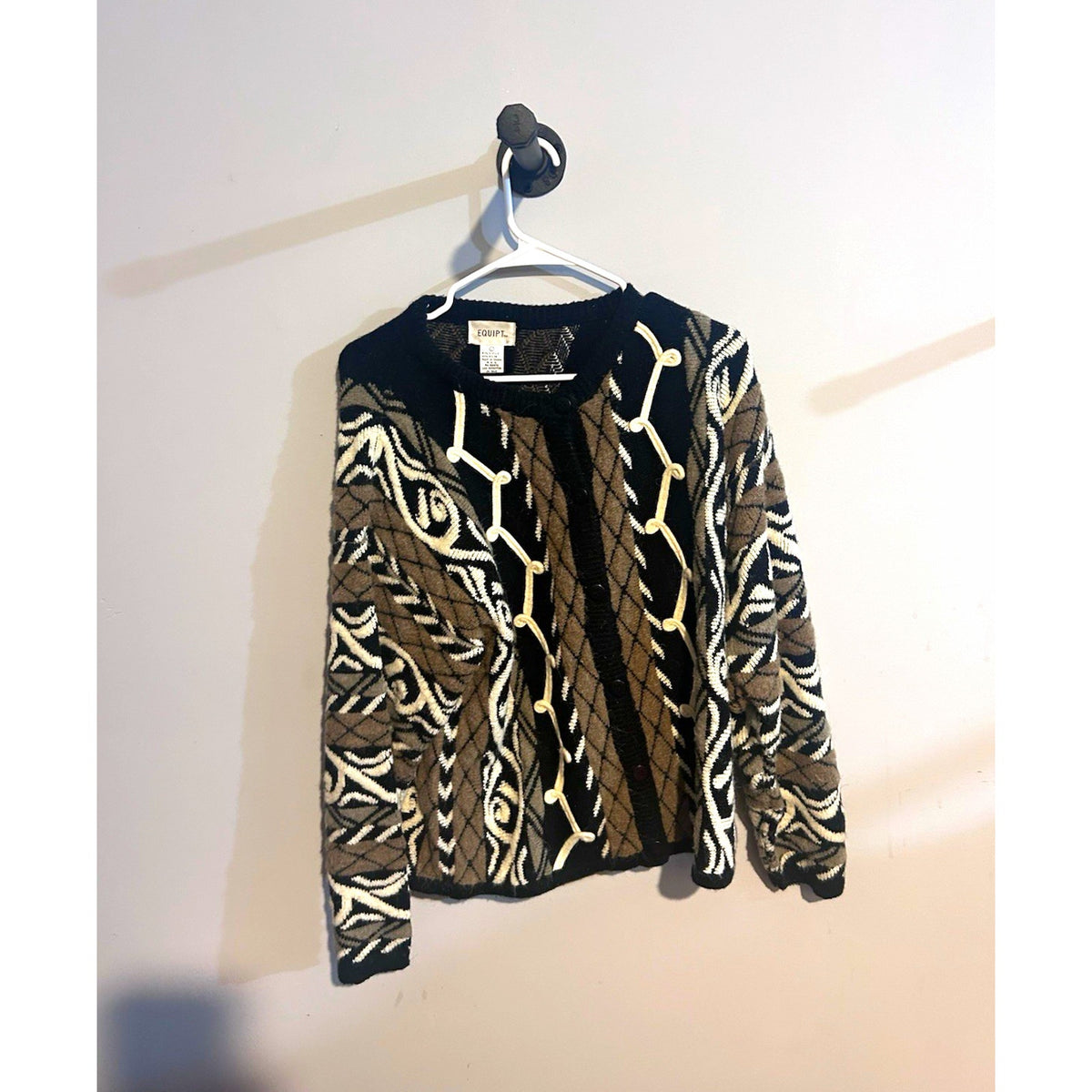EQUIPT Women’s Black/Brown/White Geometric Knit Round Neck Cardigan L