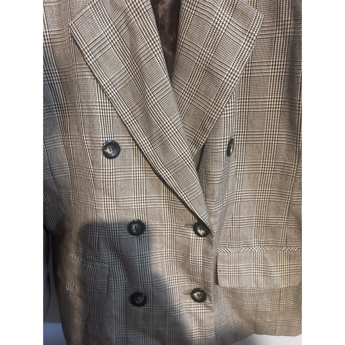 Joan Leslie Womens Brown Plaid Tweed Wool Double Breasted Lined Blazer 12P VTG