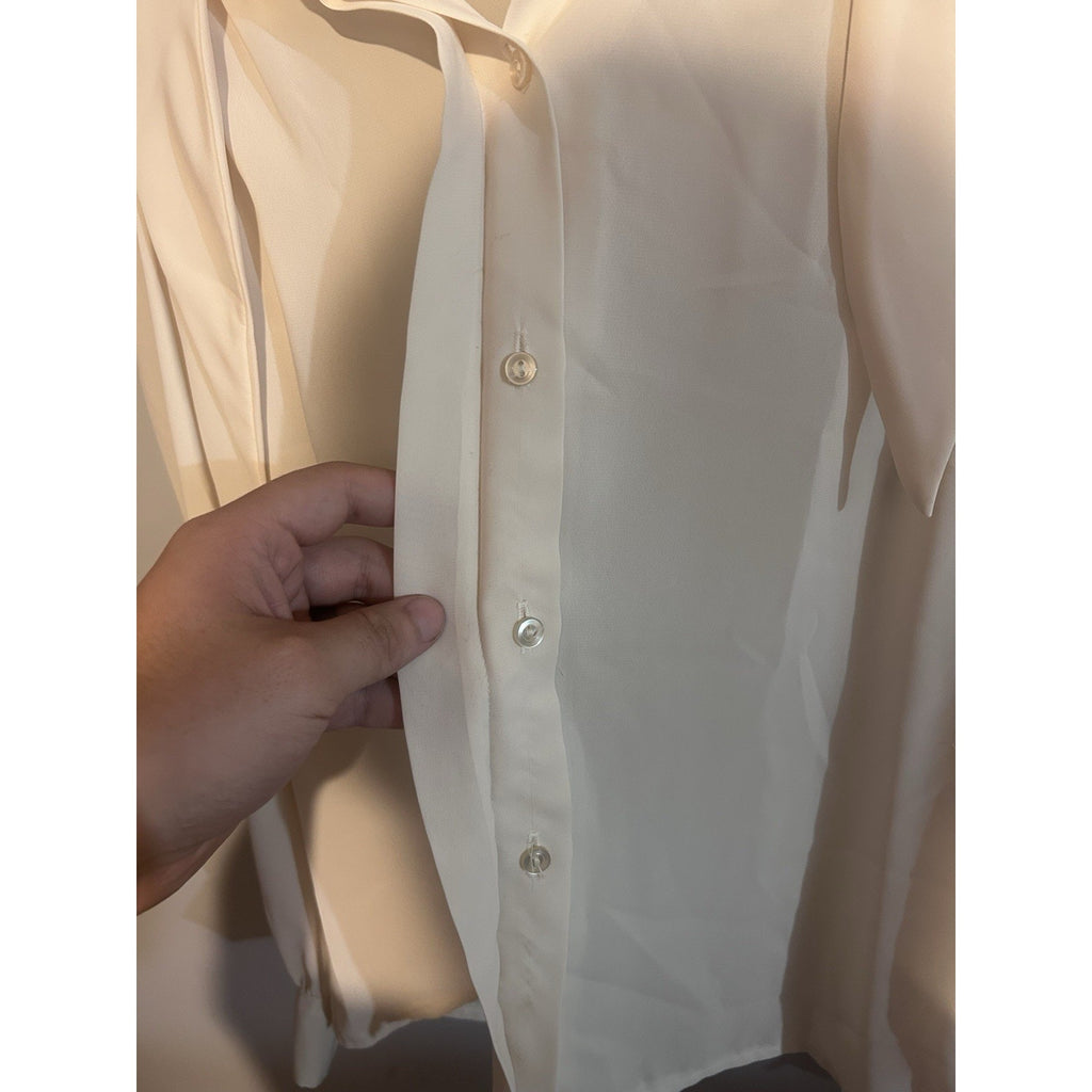 VTG Sunny South Fashions Ivory Chiffon Collared Smocked LS Button Blouse Sz 6
