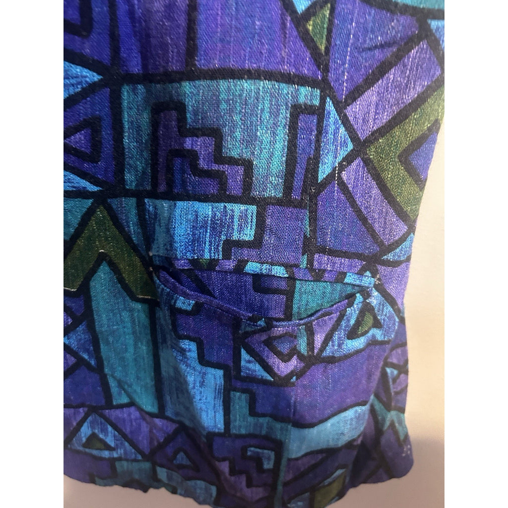Modiano Women’s Geometric V-Neck Short Sleeve Button-Front Blouse Sz 14 Purple