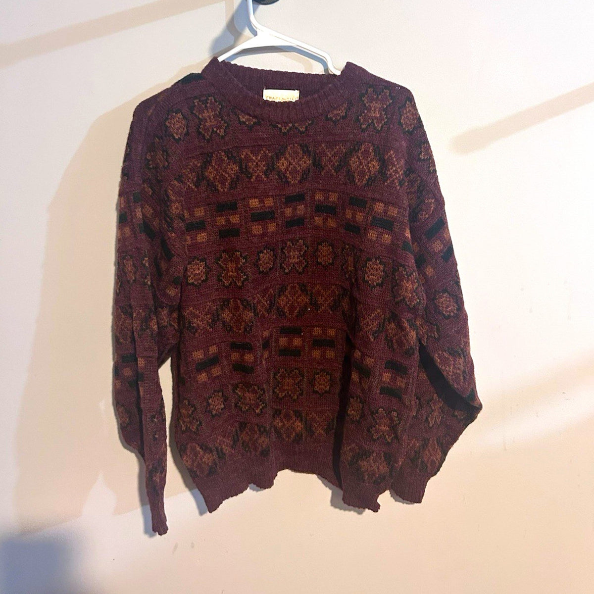 Chapel Hill Men's Brown Geometric Knit Crew Neck Pullover Sweater Size L VTG