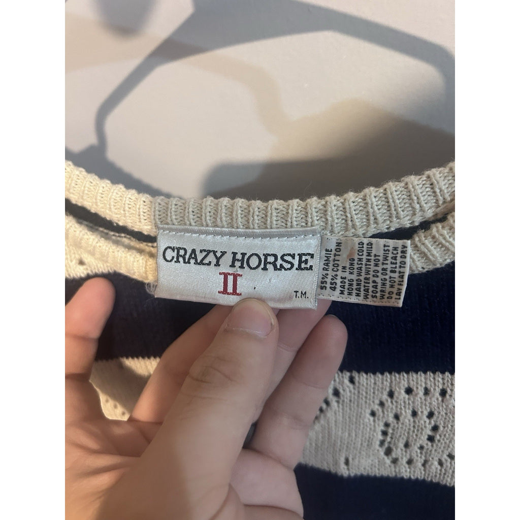 Crazy Horse Women’s Navy/Beige Striped Open-Knit Crew Neck Pullover Sweater L