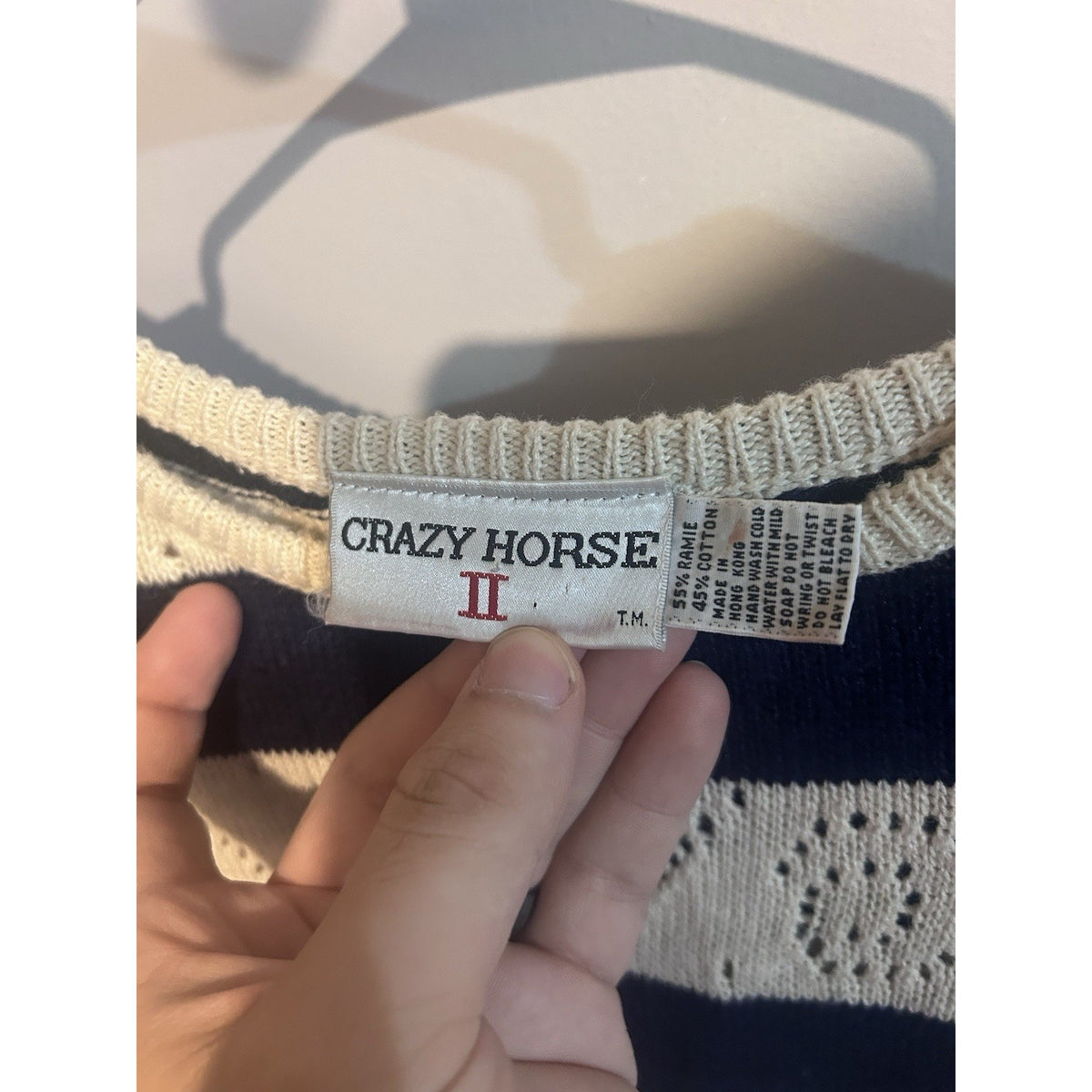 Crazy Horse Women’s Navy/Beige Striped Open-Knit Crew Neck Pullover Sweater L