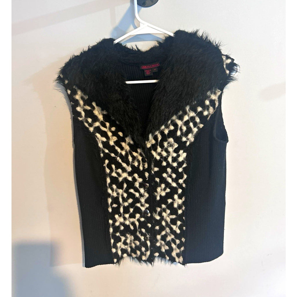Simon Chang Womens Animal Print Faux Fur Trim Button Front Lined Vest Size M VTG