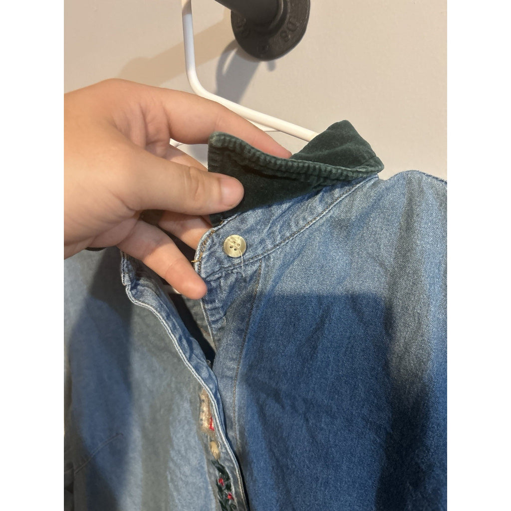 Bill Blass Blue Cotton LS Christmas Button Front Trucker Womens Jacket Size L
